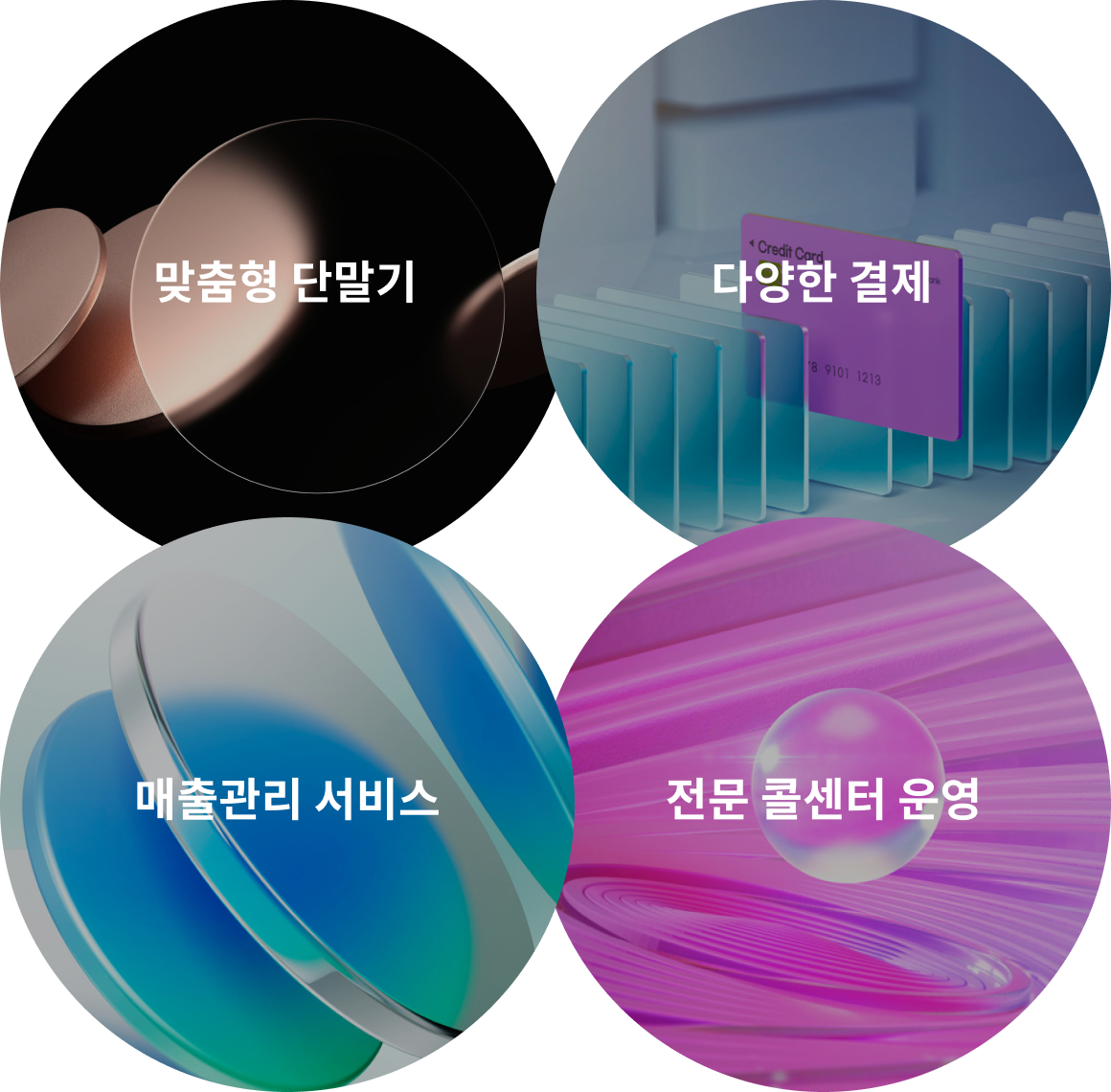맞춤형 단말기, 다양한 결제, 매출관리 서비스, 전문 콜센터 운영